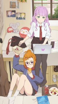 2girls arashi_chisato arm_around_leg bangs_pinned_back bedroom black-framed_eyewear black_pantyhose black_shorts black_skirt blue_hoodie book braid can cellphone closed_mouth commentary computer cookie dolce_(love_live!) drink_can food frown full_body glasses guitar_case hair_bun hazuki_ren heanna_sumire heart heart-shaped_cookie heart-shaped_food high_heels highres holding holding_phone hood hoodie indoors instrument_case knees_up laofuzi_dai_bansho laptop loafers long_hair long_sleeves loungewear love_live! love_live!_superstar!! manmaru_(love_live!) miniskirt multiple_girls necktie no_shoes official_alternate_costume official_alternate_hairstyle on_bed on_floor open_can orange_hair pantyhose phone photo_(object) plate pleated_skirt puffy_long_sleeves puffy_sleeves purple_eyes purple_hair red_hood red_necktie revision rolling_suitcase school_uniform sharing_food shoes short_hair short_shorts shorts side_braids sidelocks single_hair_bun sitting skirt three-quarter_sleeves smartphone socks stuffed_animal stuffed_toy suitcase tang_keke unworn_shoes unworn_skirt very_long_hair white_socks wien_margarete window