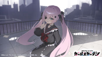1girl anis_bennett artist_request black_bow black_dress black_sailor_collar blue_eyes bow bowtie copyright_logo copyright_name copyright_notice dress eyepatch frilled_dress frills hair_between_eyes hair_bow hair_ornament logo long_hair muv-luv muv-luv_girls_garden official_art one_eye_covered outdoors pink_hair pointing pointing_up red_bow red_bowtie rooftop sailor_collar solo twintails