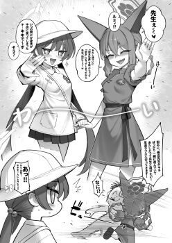 1boy 2girls :d ^_^ absurdres alphy blood blue_archive braid braided_hair_rings breasts chinese_clothes closed_eyes commentary_request doodle_sensei_(blue_archive) fang greyscale hair_rings halo hat highres kindergarten_uniform kisaki_(blue_archive) kisaki_(kindergarten_uniform)_(blue_archive) long_hair looking_at_viewer monochrome motion_lines multiple_girls official_alternate_costume open_mouth rumi_(blue_archive) running school_hat sensei_(blue_archive) short_hair skin_fang skirt small_breasts smile speech_bubble translation_request twintails