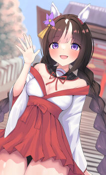 1girl absurdres alternate_costume animal_ears blunt_bangs blurry blurry_background braid breasts cleavage collarbone flower hair_between_eyes hair_flower hair_ornament hi_ch_mng highres hokko_tarumae_(umamusume) horse_ears horse_girl japanese_clothes long_braid long_hair looking_at_viewer medium_breasts miko purple_eyes shrine solo thighs twin_braids umamusume waving