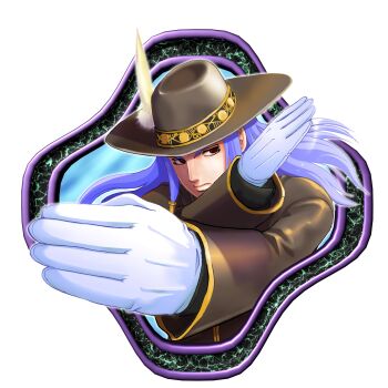 Rule 34 | 1boy, absurdres, blue hair, brown hat, brown jacket, closed mouth, commentary request, cowboy hat, feathers, gloves, hat, highres, jacket, long hair, long sleeves, matsuena shun, official art, open hands, outstretched arms, red eyes, shijou saikyou no deshi ken'ichi, sidelocks, siegfried (shijou saikyou no deshi), simple background, solo, upper body, v-shaped eyebrows, white background, white gloves