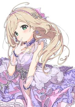 Rule 34 | 1girl, ahoge, asymmetrical bangs, bead choker, bead hairband, beads, blonde hair, blush, choker, dot nose, dress, earrings, eyelashes, flower earrings, green eyes, idolmaster, idolmaster cinderella girls, jewelry, kuresuku (lessons), lace, lace-trimmed choker, lace-trimmed dress, lace-trimmed wrist cuffs, lace trim, long hair, looking at viewer, parted bangs, parted lips, purple dress, sato shin, solo, white background, wrist cuffs
