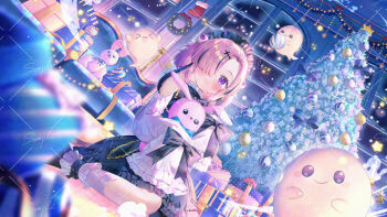 >_< 1girl :d animal_ears bandaged_leg bandages black_bow black_dress black_hair black_shoes blurry blurry_foreground blush bow box christmas christmas_ornaments christmas_tree closed_mouth commentary_request copyright_request depth_of_field dress dutch_angle floppy_ears frilled_dress frills gift gift_box hair_over_one_eye ikari_(aor3507) multicolored_hair night official_art open_mouth pink_hair purple_eyes rabbit_ears shirt shoes sitting sleeves_past_fingers sleeves_past_wrists smile socks solo streaked_hair stuffed_animal stuffed_rabbit stuffed_toy virtual_youtuber white_shirt white_socks window xd