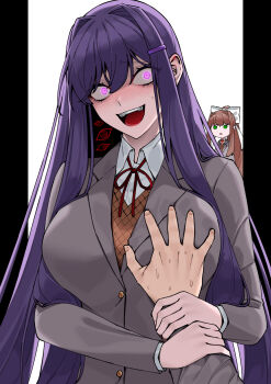 Rule 34 | 1boy, 2girls, :d, assertive female, blazer, breasts, chibi, chibi inset, collared shirt, colored inner hair, crazy eyes, crazy smile, doki doki literature club, doki doki literature club school uniform, eye print, glowing, glowing eyes, grabbing another's breast, groping, guided breast grab, guiding hand, hair between eyes, hand on another's chest, highres, holding another's wrist, jacket, large breasts, long hair, long sidelocks, monika (doki doki literature club), multicolored hair, multiple girls, neck ribbon, nervous sweating, open mouth, orange vest, pov, pov hands, purple eyes, purple hair, ribbon, school uniform, shirt, sidelocks, skirt, smile, solo focus, sweat, textless version, tyaaaaaaba, vest, white shirt, yuri (doki doki literature club)