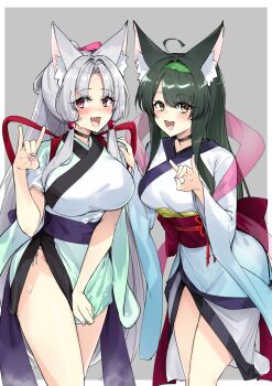 2girls :d absurdres ahoge animal_ear_fluff animal_ears back_bow black_choker blush border bow breasts choker covering_face embarrassed flower_knot fox_ears fox_mask gradient_cloak green_hair green_hairband grey_background grey_hair hair_bobbles hair_ornament hair_ribbon hairband hand_on_another&#039;s_shoulder highres japanese_clothes kimono large_breasts long_hair long_sleeves looking_at_viewer mask medium_breasts multiple_girls one_side_up open_mouth outside_border panties panty_peek parted_bangs pink_ribbon purple_bow red_bow red_eyes red_ribbon ribbon shawl short_sleeves side-tie_panties sidelocks simple_background smile touhoku_itako touhoku_zunko underwear very_long_hair voiceroid white_border white_kimono wide_sleeves yellow_eyes zooanime