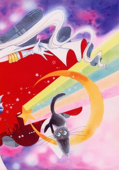 :3 absurdres animal artbook bishoujo_senshi_sailor_moon black_cat blue_eyes cat crescent crescent_facial_mark facial_mark forehead_mark gloves highres incredibly_absurdres luna_(sailor_moon) magical_girl official_art pale_skin retro_artstyle sailor_moon sailor_moon_(prototype) scan star_(symbol) takeuchi_naoko tsukino_usagi white_gloves white_hair