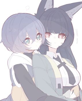 2girls absurdres animal_ear_fluff animal_ears aqua_jacket belle_(zenless_zone_zero) black_hair black_necktie black_shirt black_skirt blue_hair blunt_bangs closed_mouth commentary_request crossed_bangs fox_ears fox_girl green_eyes hair_between_eyes high-waist_skirt highres hood hooded_jacket hoshimi_miyabi hug hug_from_behind jacket light_blush long_hair looking_at_viewer motion_lines multiple_girls necktie red_eyes shirt short_hair simple_background skirt sleeveless sleeveless_jacket upper_body white_background white_shirt yuri zenless_zone_zero zzzii0