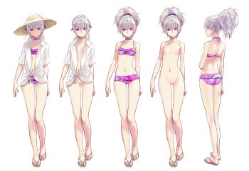1girl back bare_legs bikini bikini_skirt bottomless choker cleft_of_venus clothes_on_and_off collarbone darker_than_black dress_shirt expressionless feet female_focus flat_chest flip-flops from_behind full_body halterneck hat highres jacket jacket_over_swimsuit kawakami_rokkaku legs long_hair looking_at_viewer multiple_views naked_shirt navel nipples no_bra nude open_clothes open_shirt petite ponytail purple_eyes purple_hair pussy resized ribbon sandals shirt silver_hair simple_background skinny slender standing stomach straw_hat sun_hat swimsuit thigh_gap tied_shirt turnaround uncensored upscaled white_background yin_(darker_than_black)