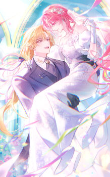 1boy 1girl absurdres bare_shoulders blonde_hair bridal_veil carrying commission dress earrings flower formal_clothes gloves hair_flower hair_ornament hetero highres jewelry long_hair looking_at_another necktie open_mouth original pink_hair ponytail princess_carry ribbon sensitive smile suit veil wedding_dress white_dress white_gloves yuhaw0v0