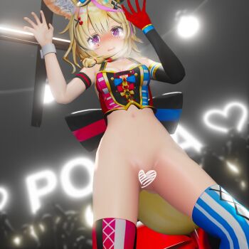 1girl 3d animal_ear_fluff animal_ears belly blonde_hair blush censored clown_girl clown_hat crying crying_with_eyes_open fennec fox_ears fennec_fox fox_tail hair_ornament hands_up heart heart_censor highres hololive navel no_panties no_pants omaru_polka photographer purple_eyes pussy solo_focus standing tail tears tight_clothes u30a2u30c0u30e0u30b9u30dfu30b9 virtual_youtuber