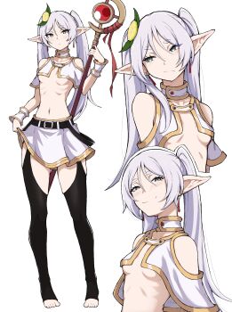 1girl :/ absurdres adapted_costume belt black_thighhighs boots breasts capelet commentary crotchless crotchless_pantyhose earrings elf english_commentary feet food-themed_hair_ornament frieren full_body gold_trim green_eyes grin hair_ornament half-closed_eyes highres jewelry kekel lemon_hair_ornament long_hair long_pointy_ears looking_at_viewer mage_staff multiple_views navel pantyhose pointy_ears simple_background skirt small_breasts smile sousou_no_frieren staff standing teardrop_earrings thighhighs thighs toeless_legwear toes underboob underwear unworn_boots white_background white_capelet white_skirt white_wrist_cuffs wrist_cuffs