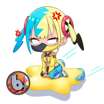 1girl anger_vein angry bandeau belt blank_eyes canari_(pokemon) chibi chibi_only commentary_request highres hood hood_down hooded_jacket jacket kirby_(series) kirby_air_ride kirby_air_riders long_sleeves mask motion_lines mouth_mask multicolored_hair nintendo open_clothes open_jacket pants pokemon pokemon_legends:_z-a ripi_ur shoes sitting solo twintails white_background yellow_bandeau yellow_jacket zipper zipper_pull_tab