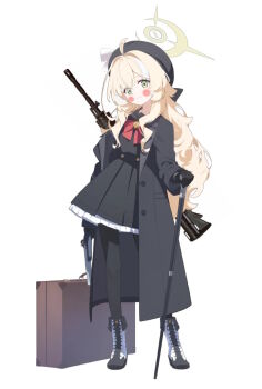 1girl blonde_hair blue_archive blush formal_clothes long_hair looking_at_viewer niyaniya_(blue_archive) open_mouth school_uniform suit upper_body weapon white_background