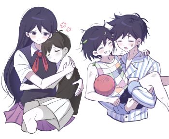 1girl 3boys antenna_hair ball black_hair black_tank_top blush breath brother_and_sister brothers checkered_clothes closed_eyes closed_mouth collarbone collared_shirt colored_skin commentary double-parted_bangs grin hair_between_eyes hashtag-only_commentary hero_(headspace)_(omori) hero_(omori) highres holding holding_ball kel_(headspace)_(omori) kel_(omori) leaf long_sleeves looking_at_another mari_(headspace)_(omori) mari_(omori) messy_hair multiple_boys omori omori_(omori) open_mouth pajamas pleated_skirt purple_eyes purple_hair purple_shorts purple_sweater_vest red_skirt shirt short_hair short_sleeves shorts siblings simple_background skirt smile striped_clothes striped_pajamas striped_shorts sweatdrop sweater_vest tank_top teeth vertical-striped_clothes vertical-striped_pajamas vertical-striped_shorts white_background white_shirt white_shorts white_skin wktdms1