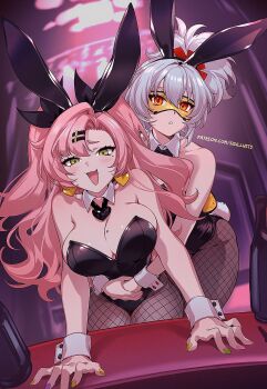 2girls alternate_costume animal_ears artist_name blush breasts character_request confused fake_animal_ears fingernails fishnets goggles green_eyes grey_hair hair_ornament happy highres hug hug_from_behind large_breasts long_hair mole mole_on_breast multiple_girls nicole_demara open_mouth pink_hair playboy_bunny pov red_eyes sharp_fingernails sidillusts smile wrist_cuffs x_hair_ornament zenless_zone_zero
