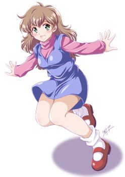 1girl :d blue_dress blush breasts brown_hair dress full_body green_eyes highres kanda_momo long_hair loose_socks mary_janes mizushiro_takuya open_mouth pink_shirt red_shoes shirt shoes signature simple_background small_breasts smile socks solo standing white_background white_socks wonder_momo