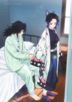 1boy 1girl absurdres animal_print barefoot belt black_hair black_jacket black_pants black_socks breasts butterfly_hair_ornament butterfly_print butterfly_print_haori clothes_grab colored_tips demon_slayer_uniform full_body gold_buttons hair_between_eyes hair_ornament haori highres indoors jacket japanese_clothes kimetsu_no_yaiba kochou_shinobu medium_breasts multicolored_hair niku_(ni23ku) on_bed pajamas pants parted_lips print_haori purple_eyes purple_hair sitting sleeve_grab smile socks standing tabi tomioka_giyuu twitter_username weibo_username white_belt window