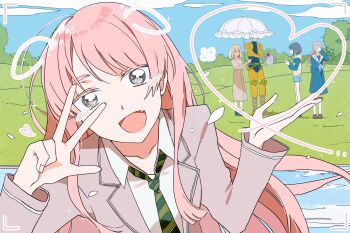 &gt;_&lt; 1boy 4girls :d ^^^ absurdres bang_dream! bang_dream!_it&#039;s_mygo!!!!! baseball_cap belt_buckle black_bodysuit black_shoes blazer blonde_hair blue_eyes blue_hoodie blue_neckerchief blue_serafuku blue_shirt blue_shoes blue_shorts blue_skirt blush bodysuit boots breasts brown_boots brown_hair brown_shoes brown_skirt buckle chihaya_anon cloud cloudy_sky collarbone collared_shirt covered_face covering_face crossover crotchless crotchless_pants diagonal-striped_clothes diagonal-striped_necktie dio_brando drawn_ears drawn_heart fang floating_hair flying_sweatdrops frilled_umbrella frills green_necktie grey_eyes grey_hair grey_jacket hair_between_eyes hand_on_own_face hand_up hands_up haneoka_school_uniform hat heart heart-shaped_buckle highres holding holding_rock holding_umbrella hood hood_down hoodie jacket jojo_no_kimyou_na_bouken knee_pads leaning_to_the_side loafers long_hair long_sleeves looking_ahead looking_at_another looking_at_viewer medium_hair medium_skirt misumi_uika multiple_girls nagasaki_soyo neckerchief necktie no_mouth on_grass open_clothes open_hand open_jacket open_mouth pants pink_eyebrows pink_hair plaid_clothes plaid_skirt pleated_skirt pointy_boots reaching reaching_towards_another reiboubyou rock sailor_collar school_uniform serafuku shirt shirt_tucked_in shoes short_hair short_sleeves shorts sidelocks skirt sky smile socks solo sparkling_eyes standing stardust_crusaders stone_mask_(jojo) striped_clothes swept_bangs takamatsu_tomori tsukinomori_school_uniform two-tone_hoodie umbrella v viewfinder water white_sailor_collar white_shirt yellow_hoodie yellow_jacket yellow_pants