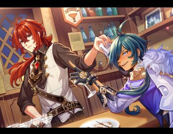 2boys ascot black_ascot black_gloves black_shirt blue_eyes blue_hair blue_shirt bottle bracelet cocktail_glass collared_shirt commentary_request cup diluc_(genshin_impact) drinking_glass earrings eyepatch fingerless_gloves genshin_impact gloves highres holding holding_cup indoors jewelry ka2oh_bushi kaeya_(genshin_impact) long_hair multiple_boys plate ponytail red_eyes red_hair shirt sleeves_rolled_up spiked_bracelet spikes vest white_vest