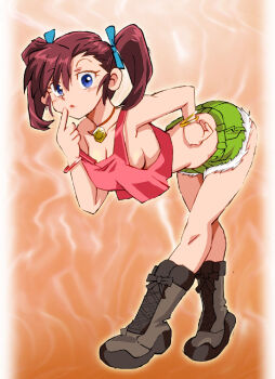 1girl bakusou_kyoudai_let's_&amp;_go!! bakusou_kyoudai_let's_&amp;_go!!_max bent_over blue_eyes blue_ribbon blush boots bracelet breasts brown_boots brown_hair choker cleavage collarbone crop_top finger_to_mouth green_shorts hair_ribbon hand_on_own_hip hexagram jewelry long_hair looking_at_viewer medium_breasts midriff onnaski oogami_marina orange_background pink_shirt ribbon shirt short_shorts shorts sleeveless sleeveless_shirt standing strap_slip twintails