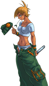1girl beanie blonde_hair blue_panties blue_shirt breasts collarbone crop_top feet_out_of_frame green_eyes green_hat green_pants hat holding holding_wrench medium_breasts midriff mouth_hold mrvo navel no_headwear official_art open_fly panties pants pupa_salgueiro rage_of_the_dragons shirt short_hair simple_background solo stalk_in_mouth third-party_source underwear unworn_hat unworn_headwear white_background wrench wristband