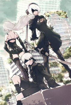 Rule 34 | 1boy, 2b (nier:automata), 2girls, 9s (nier:automata), a2 (nier:automata), black dress, black jacket, black shorts, blindfold mask, building, cleavage cutout, clothing cutout, commentary request, dress, highres, holding, holding sword, holding weapon, jacket, mask, mole, mole under mouth, multiple girls, nier:automata, nier (series), nutori manga, outdoors, post-apocalypse, shirt, shorts, sword, weapon, white shirt