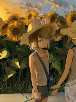 1boy 1girl alternate_costume blonde_hair blue_eyes bottle butterfly_net cloud cloudy_sky cowboy_shot expressionless flower grey_shorts hair_ornament hairclip hand_net hashtag-only_commentary hat hat_ribbon head_tilt highres holding holding_butterfly_net kagamine_len kagamine_rin looking_at_viewer offering_hand out_of_frame outdoors phyordi_9y9 ribbon short_hair shorts sketch sky solo_focus straight_hair straw_hat sun_hat sunflower sunset tank_top vocaloid water_bottle white_ribbon white_tank_top
