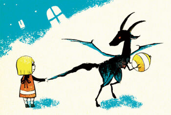 1girl animal_ears ball black_fur black_shirt black_shoes blonde_hair blue_fur claws creature cryptid demon_wings dress expressionless goat_ears grabbing_another's_tail holding holding_ball horns jersey_devil long_sleeves looking_at_another looking_back medium_hair myun_(moukin_no_ana) original pinafore_dress red_eyes shirt shoes sleeveless sleeveless_dress socks two-tone_background two-tone_dress undershirt white_socks window wings