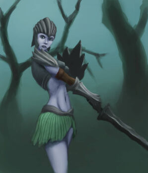 1girl amorfenneka armor black_armor black_tank_top blue_eyes blue_skin clawed_gauntlets colored_skin commentary cowboy_shot dark_seducer_(mazken) fog forest from_side green_skirt grey_skin helmet holding holding_shield holding_sword holding_weapon looking_at_viewer midriff nature painting_(medium) shield shoulder_armor skirt solo standing sword tank_top the_elder_scrolls the_elder_scrolls_iv:_oblivion thighs traditional_media weapon