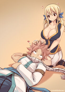 1boy 1girl absurdres alternate_costume blonde_hair blush breasts brown_eyes caressing_hair cleavage fairy_tail happy heart highres joshdinobarney lap_pillow large_breasts lucy_heartfilia muscular muscular_male natsu_dragneel pink_hair scarf smile thick_thighs thighs