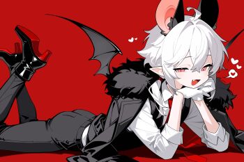 1boy :d ahoge animal_ear_fluff animal_ears bat_boy bat_ears bat_wings black_jacket black_shoes black_vest black_wings collared_shirt commentary dress_pants elbow_rest fang feet_up from_side full_body fur-trimmed_jacket fur_trim gloves grey_pants hair_between_eyes hair_intakes hair_tie hand_on_own_cheek hand_on_own_face head_rest heart high_heels highres jacket light_blush llucilab long_sleeves looking_at_viewer low_ponytail lying male_focus mini_wings necktie no_nose on_stomach open_clothes open_jacket open_mouth original pants pink_eyes pointy_ears ponytail red_background red_necktie shirt shirt_tucked_in shoes short_hair sidelocks simple_background skin_fang sleeves_rolled_up slit_pupils smile solo speech_bubble spoken_heart vampire vest white_gloves white_hair white_shirt wings