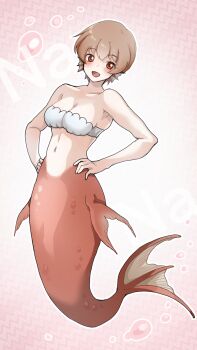 1girl air_bubble armpit_crease bare_shoulders bikini blush breasts brown_eyes brown_hair bubble cleavage collarbone commentary_request english_text fins hands_on_own_hips head_fins highres komena_(shinyday312) looking_at_viewer medium_breasts mermaid monster_girl navel red_tail scales shell shell_bikini short_hair smile solo swimsuit