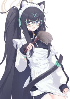 1girl animal_ear_fluff animal_ears apron apron_tug black_hair black_shorts blue_archive blue_eyes bow cat_tail chloette collared_jacket crossed_bangs duster feather_duster fingernails glasses green_bow green_ribbon hair_between_eyes hair_ornament hair_ribbon halo highres holding holding_duster jacket jersey_maid kemonomimi_mode long_hair long_sidelocks long_sleeves looking_at_viewer maid maid_apron maid_headdress object_in_pocket open_mouth pocket ribbon short_shorts shorts side_ponytail sidelocks simple_background sleeves_past_wrists solo tail tail_bow tail_ornament track_jacket ui_(blue_archive) unconventional_maid very_long_hair white_background x_hair_ornament zipper_pull_tab