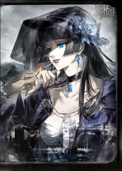 1girl 1other absurdres black_choker black_hair black_hat blue_eyes blue_flower blue_gem blue_jacket blunt_bangs breasts chinese_commentary choker cigarette cleavage collarbone commentary_request copyright_name dress earrings fire flower gem hat hat_flower highres hime_cut holding_matchstick jacket jewelry long_hair lord_of_the_mysteries official_art out_of_frame solo_focus tian_(my_dear) trissy_cheek unlit_cigarette_in_mouth upper_body veil white_dress
