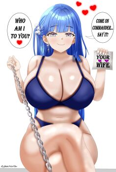 1girl arcana_(nikke) bikini blue_bikini blue_eyes blue_hair blush breasts chain chain_leash cleavage crossed_legs earrings english_text glitchnest goddess_of_victory:_nikke hair_ornament holding holding_leash holding_paper huge_breasts jewelry leash long_hair paper pov sitting smile solo swimsuit viewer_on_leash white_background
