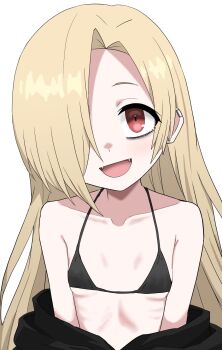 1girl alternate_hair_length alternate_hairstyle bags_under_eyes bare_shoulders bikini black_bikini black_jacket blonde_hair breasts clothes_down collarbone commentary fangs hair_ornament hair_over_one_eye hairclip halulu highres idolmaster idolmaster_cinderella_girls jacket long_hair one_eye_covered open_mouth red_eyes ribs shirasaka_koume simple_background small_breasts smile solo swimsuit symbol-only_commentary tareme upper_body white_background
