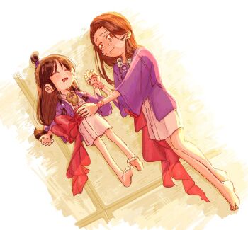 2girls ace_attorney aged_down barefoot bead_necklace beads black_hair bracelet brown_hair commentary crying drooling furrowed_brow hair_behind_ear hair_ornament hand_on_another&#039;s_stomach hanten_(clothes) holding_hands jacket jewelry long_hair low-tied_long_hair low-tied_sidelocks lying magatama magatama_necklace maya_fey mia_fey mole mole_under_mouth mouth_drool multiple_girls necklace obi on_back on_side oyoyo_pe purple_jacket red_sash ring_hair_ornament sash siblings sidelocks sisters sleeping sphere_hair_ornament tatami tears topknot wide_sleeves