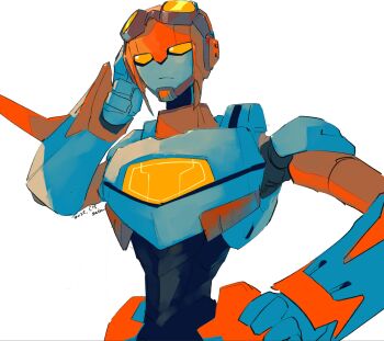 1boy goggles goggles_on_head hand_on_own_hip helmet highres humanoid_robot jetfire orange_eyes robot seikaigetsu simple_background transformers transformers_animated white_background