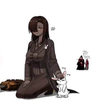 ... 1boy 2girls 99dulgi asymmetrical_bangs blush breasts brown_hair cleavage closed_mouth commentary_request dark-skinned_female dark_skin eyelashes hair_over_one_eye heart highres jia_qiu_(project_moon) korean_commentary korean_text large_breasts limbus_company multiple_girls petting project_moon seiza simple_background sitting smile solo spoken_heart sword translation_request very_dark_skin weapon white_background white_rabbit_(animal) yellow_eyes zigong_(project_moon) zilu_(project_moon)