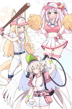 Rule 34 | alternate costume, alternate hairstyle, animal ear fluff, baseball bat, baseball cap, belly, blonde hair, blue archive, blush, bow, cheerleader, closed eyes, closed mouth, cropped shirt, cup, feathered wings, flower, fox girl, fox tail, from side, hair bow, hair flower, hair ornament, hat, highres, holding, holding baseball bat, holding cup, holding hose, hose, kneehighs, looking at viewer, mika (blue archive), miniskirt, nagisa (blue archive), navel, open mouth, pants, pink bow, pink eyes, pink hair, pink hat, pink shirt, pink socks, pom pom (cheerleading), sateto (user knrf2332), seia (blue archive), shirt, short sleeves, shorts, skirt, sleeveless, sleeveless shirt, smile, socks, sweatdrop, tail, tea party (blue archive), teacup, thighhighs, twintails, visor cap, white flower, white pants, white shirt, white shorts, white skirt, white thighhighs, wings, yellow eyes