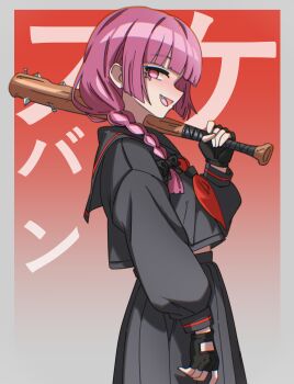 1girl :d absurdres alternate_costume baseball_bat black_gloves black_sailor_collar black_serafuku black_shirt black_skirt blunt_bangs bocchi_the_rock! border braid braided_ponytail commentary cropped_shirt fang fingerless_gloves from_side ghuler gloves gradient_background grey_border high-waist_skirt highres hiroi_kikuri holding holding_baseball_bat long_hair looking_at_viewer low_ponytail midriff_peek neckerchief no_pupils open_mouth outside_border pink_eyes pink_hair pleated_skirt ponytail red_background red_neckerchief sailor_collar sailor_shirt school_uniform serafuku shirt sidelocks skirt smile solo text_background