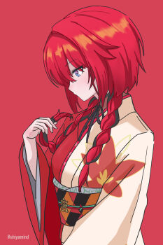 1girl absurdres ange_katrina ange_katrina_(new_year) black_hair black_sash blue_eyes blush braid breasts commentary_request dated_commentary floral_print floral_print_kimono from_side gradient_eyes hair_over_shoulder hand_up highres holding holding_own_hair japanese_clothes kimono long_bangs long_hair long_sleeves looking_down low_twin_braids multicolored_eyes multicolored_hair multicolored_sash nijisanji obi obiage obidome obijime orange_sash print_kimono profile purple_eyes red_background red_hair red_kimono red_sash sash simple_background small_breasts solo_focus streaked_hair twin_braids twitter_username two-tone_hair uhiyama upper_body virtual_youtuber white_kimono