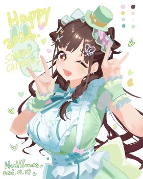 Rule 34 | 2026, ;d, \n/, absurdres, aqua dress, artist name, bilingual commentary, bow-shaped hair, breasts, character name, chinese commentary, color guide, commentary request, dated, dress, frilled wristband, hat, heart, heart in eye, highres, idolmaster, idolmaster shiny colors, large breasts, long hair, looking at viewer, mini hat, mixed-language commentary, one eye closed, open mouth, smile, sonoda chiyoko, symbol in eye, tomber, very long hair