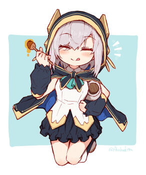 1girl aqua_ascot ars_almal ars_almal_(1st_costume) ascot black_cape black_cloak black_skirt black_sleeves blue_ascot blush breasts cape cloak detached_sleeves food hair_between_eyes highres holding_honeypot honey honey_dipper honeypot hood hood_up hooded_cape hooded_cloak jumping licking_lips long_sleeves miniskirt nijisanji puffy_long_sleeves puffy_sleeves shirt short_hair simple_background skirt sleeveless smile solo tatami_kami tongue tongue_out virtual_youtuber white_hair white_shirt