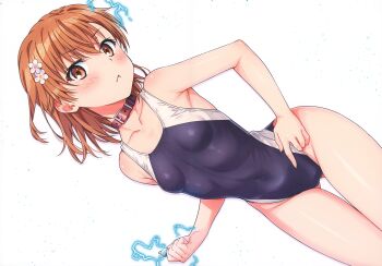 1girl 2023 20s :&lt; absurdres bare_hips bare_shoulders belt_collar blush breasts brown_eyes brown_hair cleft_of_venus clenched_hand collar collarbone electricity electrokinesis flower frown gluteal_fold hair_flower hair_ornament high_heels highres huge_filesize isshi_pyuma looking_at_viewer matching_hair/eyes misaka_mikoto one-piece_swimsuit pointing pointing_at_self scan school_swimsuit short_hair simple_background small_breasts solo standing swimsuit thigh_gap thighs toaru_kagaku_no_railgun toaru_majutsu_no_index tokiwadai_school_swimsuit white_background