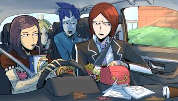 2boys 2girls amano_maya black_hair black_jacket black_lips blazer blonde_hair blue_hair brown_hair car_interior choker cup drinking_straw drinking_straw_in_mouth frown furrowed_brow highres holding holding_cup jacket kasugayama_high_school_uniform lisa_silverman looking_at_another makeup mcdonald's mishina_eikichi multicolored_hair multiple_boys multiple_girls necktie onebigmanwhore pale_skin persona persona_2 persona_2_tsumi pink_nails purple_necktie school_uniform seven_sisters_high_school_uniform short_hair smile streaked_hair suou_tatsuya sweatdrop twintails