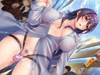1girl 6+boys bdsm black_hair bottomless breasts censored clitoral_stimulation covered_erect_nipples curvy dildo dildo_harness game_cg isako_rokurou large_breasts lips long_hair masturbation multiple_boys nipples outdoors parthenon_(company) plump pubic_hair public_indecency public_vibrator purple_eyes pussy pussy_juice rabbit_vibrator revealing_clothes roshutsu_kanojo sawashiro_rina see-through_clothes sex_toy sky slave sweat vibrator vibrator_on_clitoris