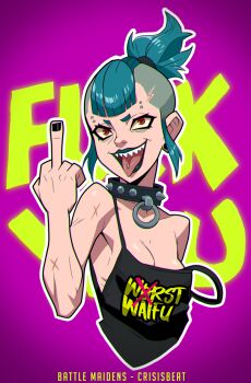 1girl absurdres asymmetrical_hair black_camisole black_collar blue_hair breasts camisole cleavage collar commentary crisisbeat cross_scar earrings english_commentary highres jewelry middle_finger mohawk open_mouth original piercing plug_(piercing) ponytail red_eyes scar scar_on_arm scar_on_shoulder sharp_teeth short_eyebrows sidecut sidelocks small_breasts solo strap_slip teeth tongue tongue_out tongue_piercing undercut upper_body