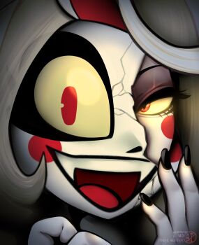 1girl :d black_nails blonde_hair blush_stickers charlie_morningstar colored_sclera colored_skin cracked_kawaii_mask fangs hands_up hazbin_hotel hellaverse highres long_hair nail_polish nebby_(mister_nebulous) open_mouth red_eyes smile solo teeth upper_teeth_only watermark white_hair white_skin yellow_sclera
