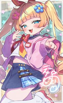 1girl :d artist_name ass backpack bag blonde_hair blue_eyes blue_hair blue_skirt blunt_bangs blush bow bow_hairband cardigan commentary_request commission crime_prevention_buzzer dot_nose drill_hair fangs flower hair_flower hair_ornament hairband half-closed_eyes hands_up heart highres leg_up long_hair long_sleeves looking_at_viewer mesugaki miniskirt mole mole_under_eye multicolored_hair nail_polish name_tag open_cardigan open_clothes open_mouth original pink_bag pink_cardigan pink_nails plaid_clothes plaid_skirt pleated_skirt pointing pointing_at_viewer randoseru red_bow red_hairband sailor_collar sailor_shirt school_uniform second-party_source shirt signature skeb_commission skindentation skirt sleeves_past_wrists smile solo standing standing_on_one_leg star_(symbol) star_symbol_background streaked_hair thighhighs trente twin_drills twintails twitter_username very_long_hair watermark white_shirt white_thighhighs